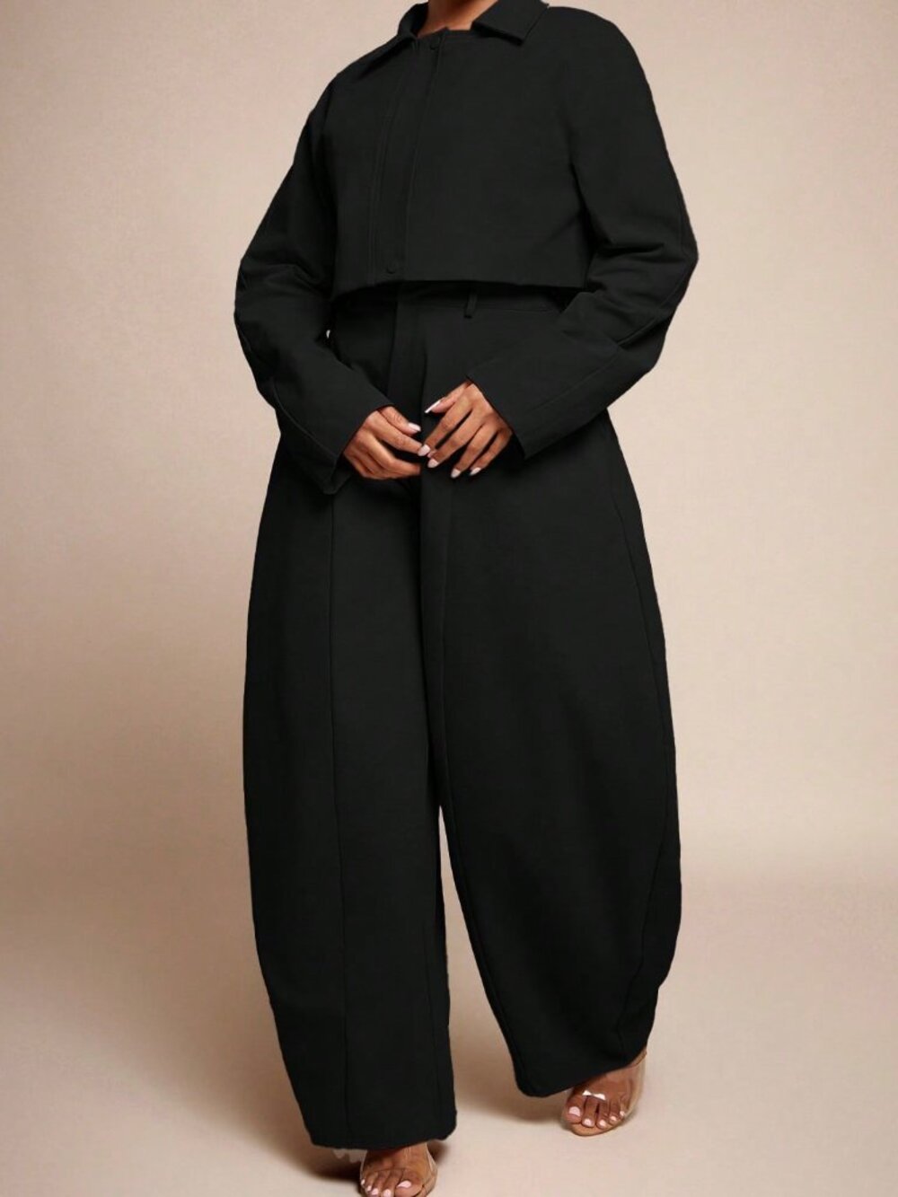 Black Elegant Women's Seam Detail High Waist Barrel Leg Office Pants - Picture 4 of 5